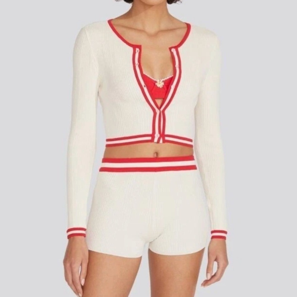Solid & Striped Cardigan Shorts Set S Cream Red Ribbed Knit